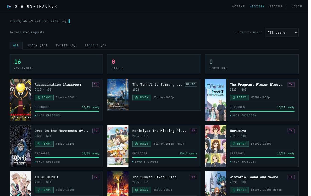 Status Tracker 历史记录——已完成的媒体请求与每集处理进度